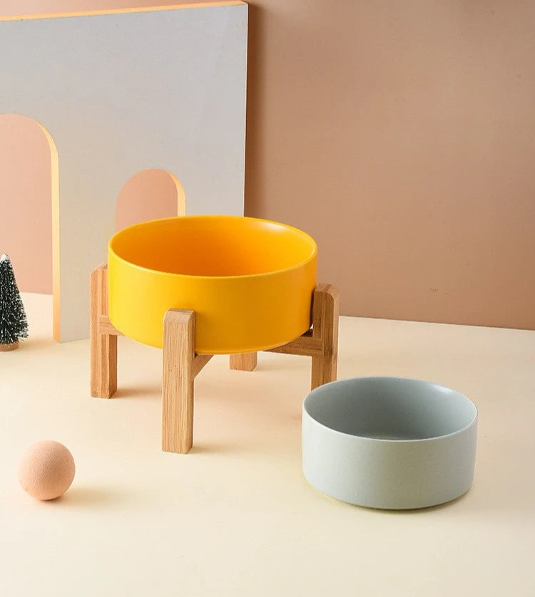 Premium Ceramic Pet Bowl with Wooden Stand - Single