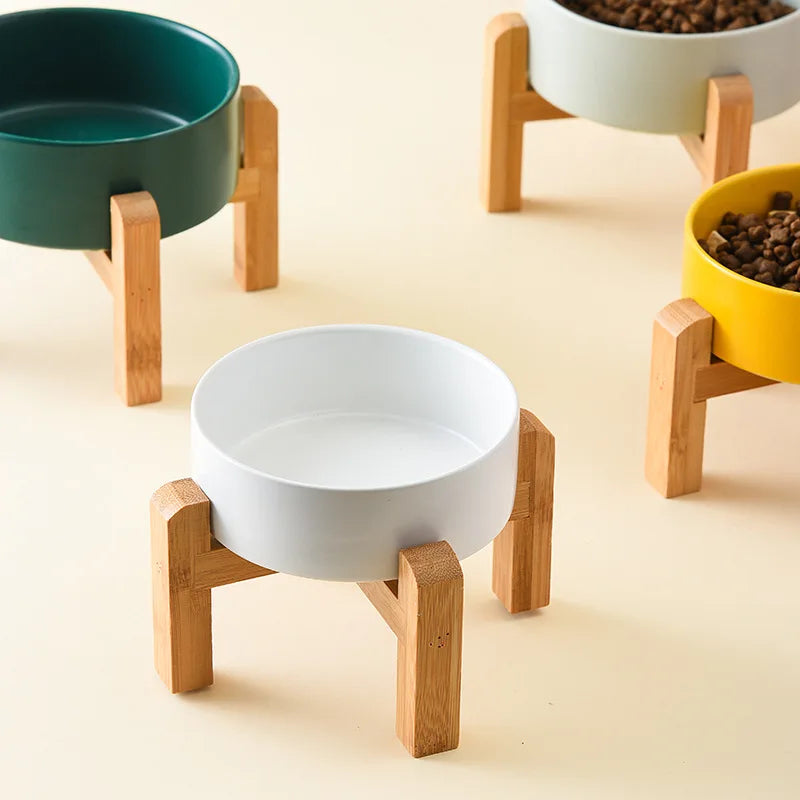 Premium Ceramic Pet Bowl with Wooden Stand - Single