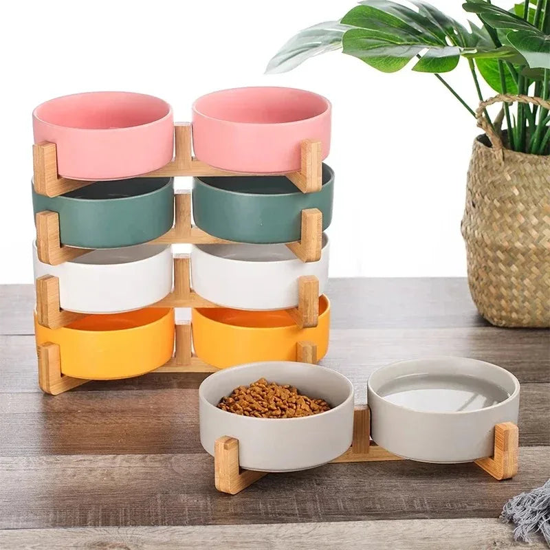 Premium Ceramic Pet Bowls with Wooden Stand