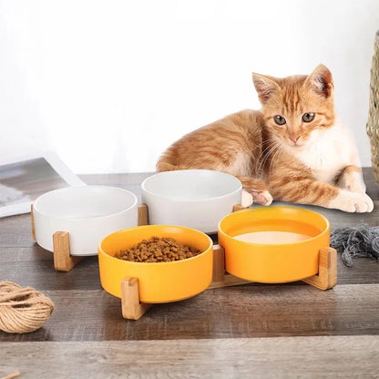 Premium Ceramic Pet Bowls with Wooden Stand
